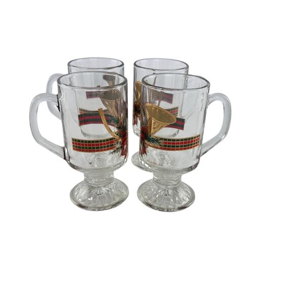 Vintage Culver Footed Irish Coffee Mugs Christmas Gold & Red Horn Set Of 4 - Picture 4 of 16